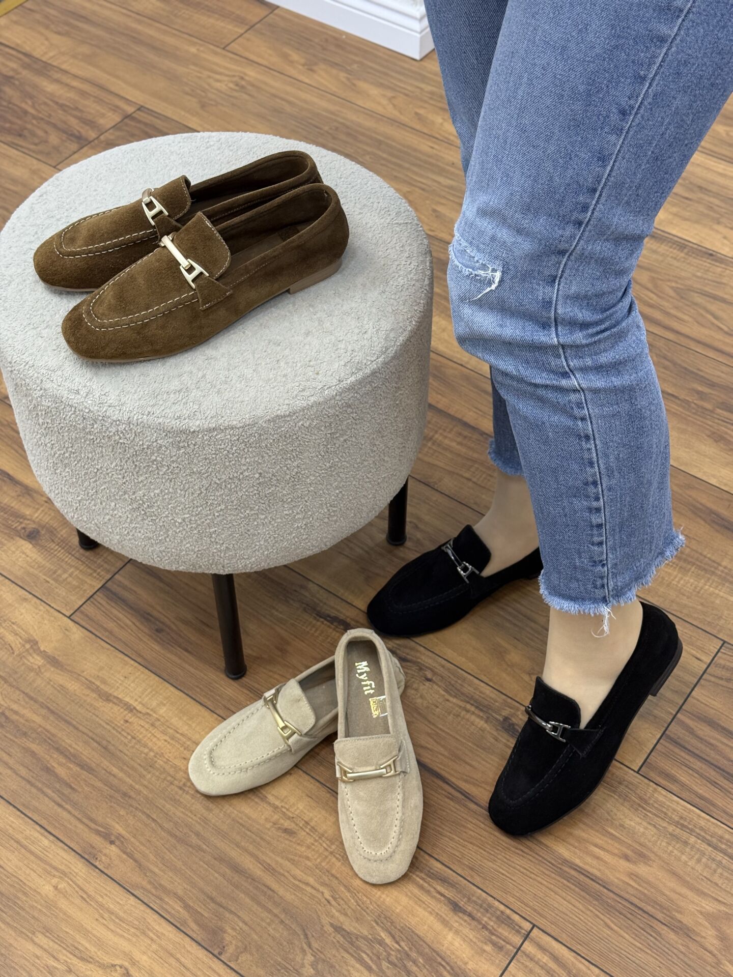 My Fit 705 Kadın Süet Deri Altın Toka Loafer Babet