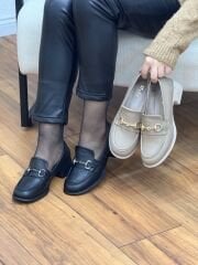 My Fit 732 Kadın Deri Önü Altın Toka Topuklu Ayakkabı