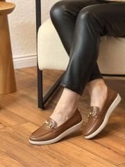 MY Fit 722 Kadın Deri Düz Taban Ortopedik Halka Toka Ayakkabı