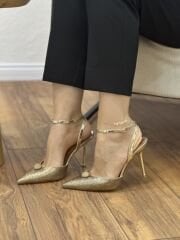 Lescarpe 2992 Kadın Düğme Detay Komple Taşlı Abiye Ayakkabı